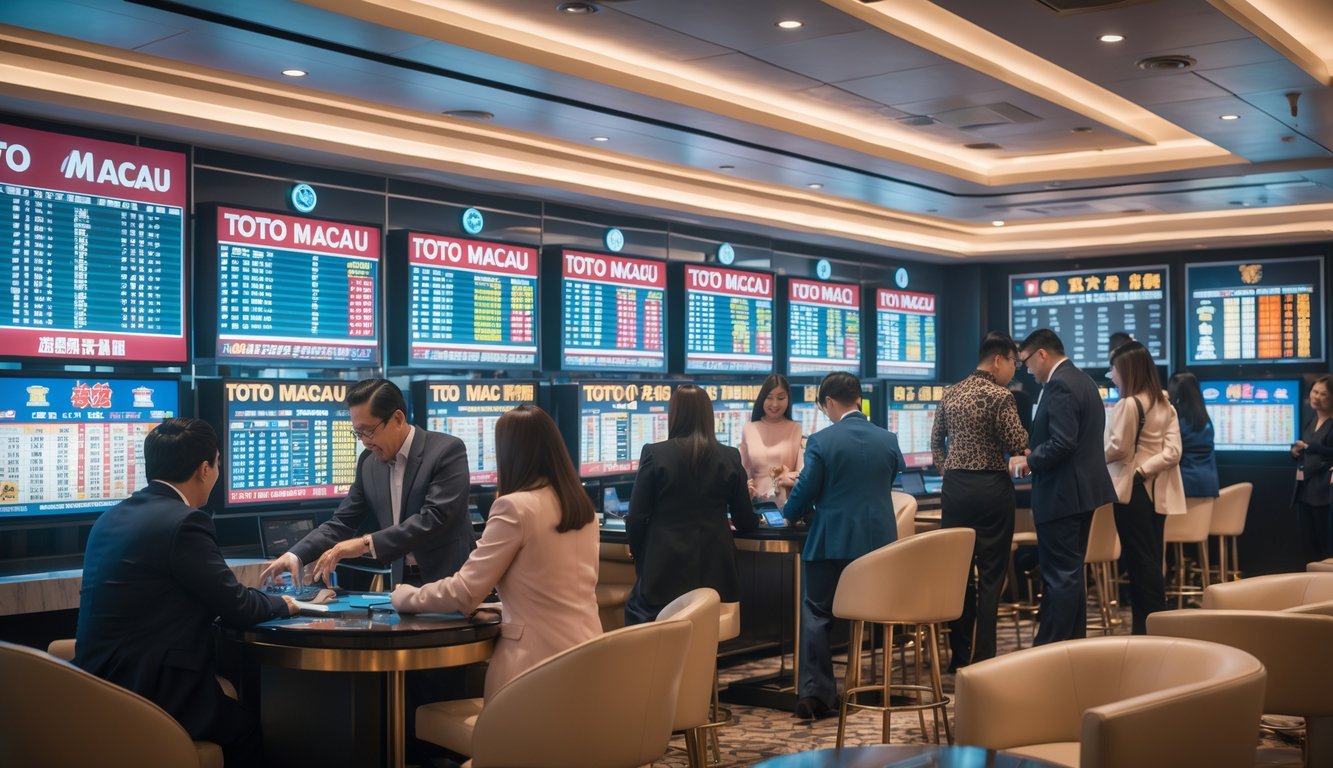 Orang-orang sedang menonton dan memasang taruhan di ruang taruhan Toto Macau yang ramai dan terang.