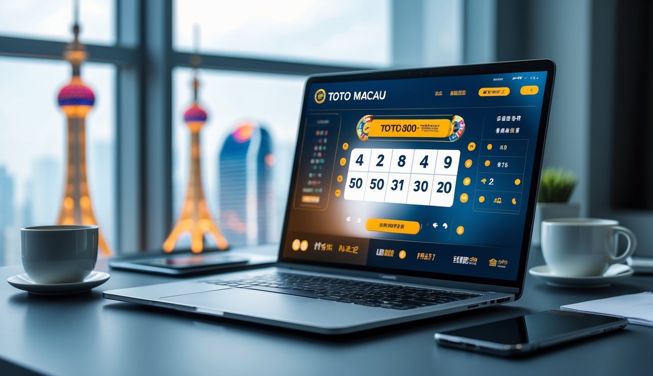 Seorang pria duduk di depan laptop di meja kerja dengan tampilan antarmuka taruhan online, dengan latar belakang model menara Macau dan gedung kasino yang samar.
