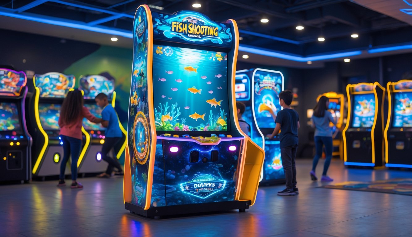 Suasana arcade game dengan mesin tembak ikan berwarna cerah dan beberapa pemain sedang bermain dengan fokus.