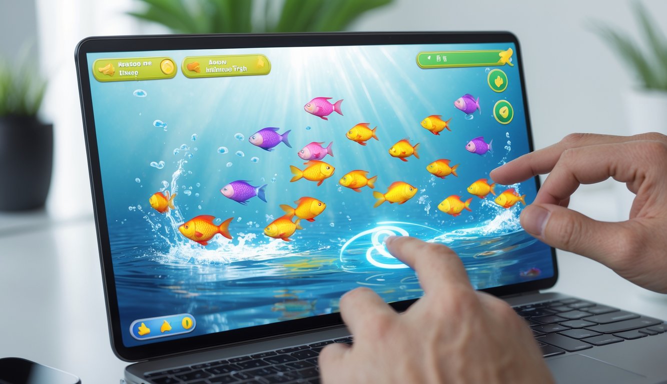 Seseorang sedang bermain permainan tembak ikan online di layar perangkat digital dengan ikan berwarna-warni di layar.