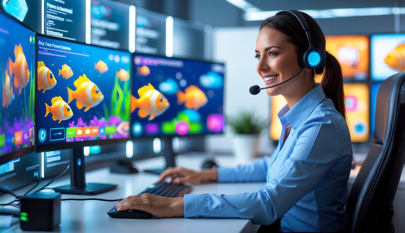 Seorang perwakilan layanan pelanggan yang ramah duduk di depan komputer dengan layar menampilkan permainan tembak ikan, di kantor modern yang rapi.