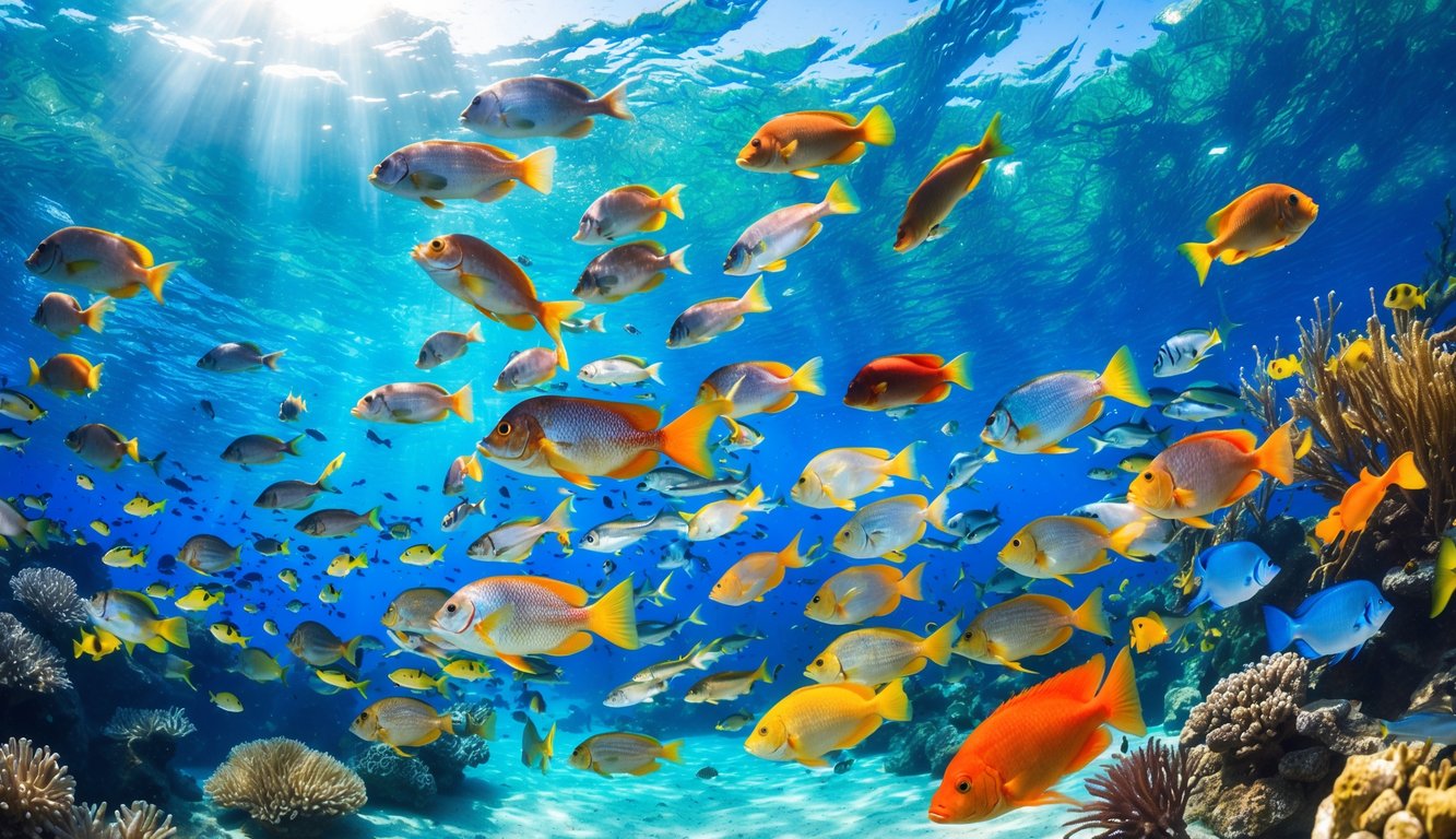 Pemandangan bawah laut dengan berbagai ikan berwarna-warni yang berenang aktif di air jernih dengan terumbu karang dan tanaman air di latar belakang.