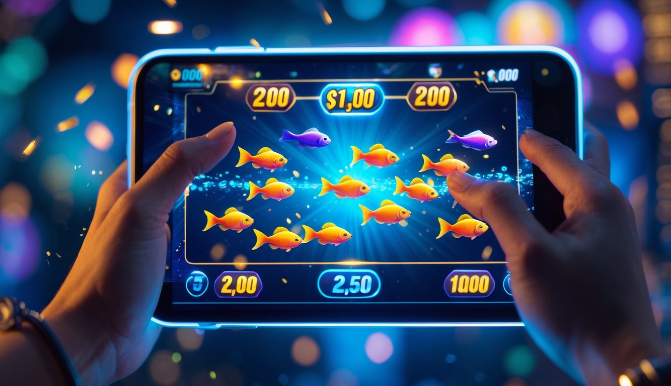 Seorang pemain memegang perangkat digital yang menampilkan permainan menembak ikan dengan efek jackpot yang berwarna-warni.