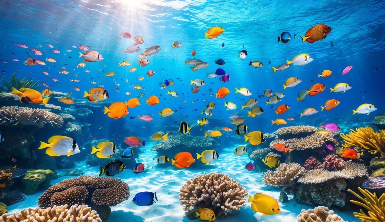 Pemandangan bawah laut dengan berbagai ikan tropis berwarna-warni berenang di antara terumbu karang dan tanaman air.