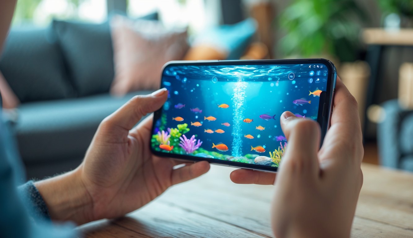 Seseorang memegang ponsel yang menampilkan permainan menembak ikan dengan latar belakang ruangan yang samar.