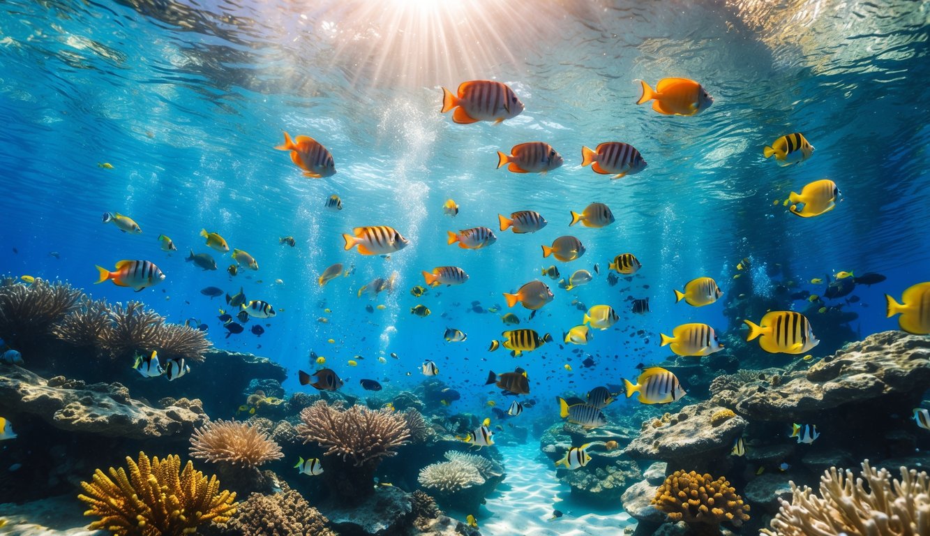 Pemandangan bawah laut dengan terumbu karang berwarna-warni dan ikan tropis yang berenang di sekitar.