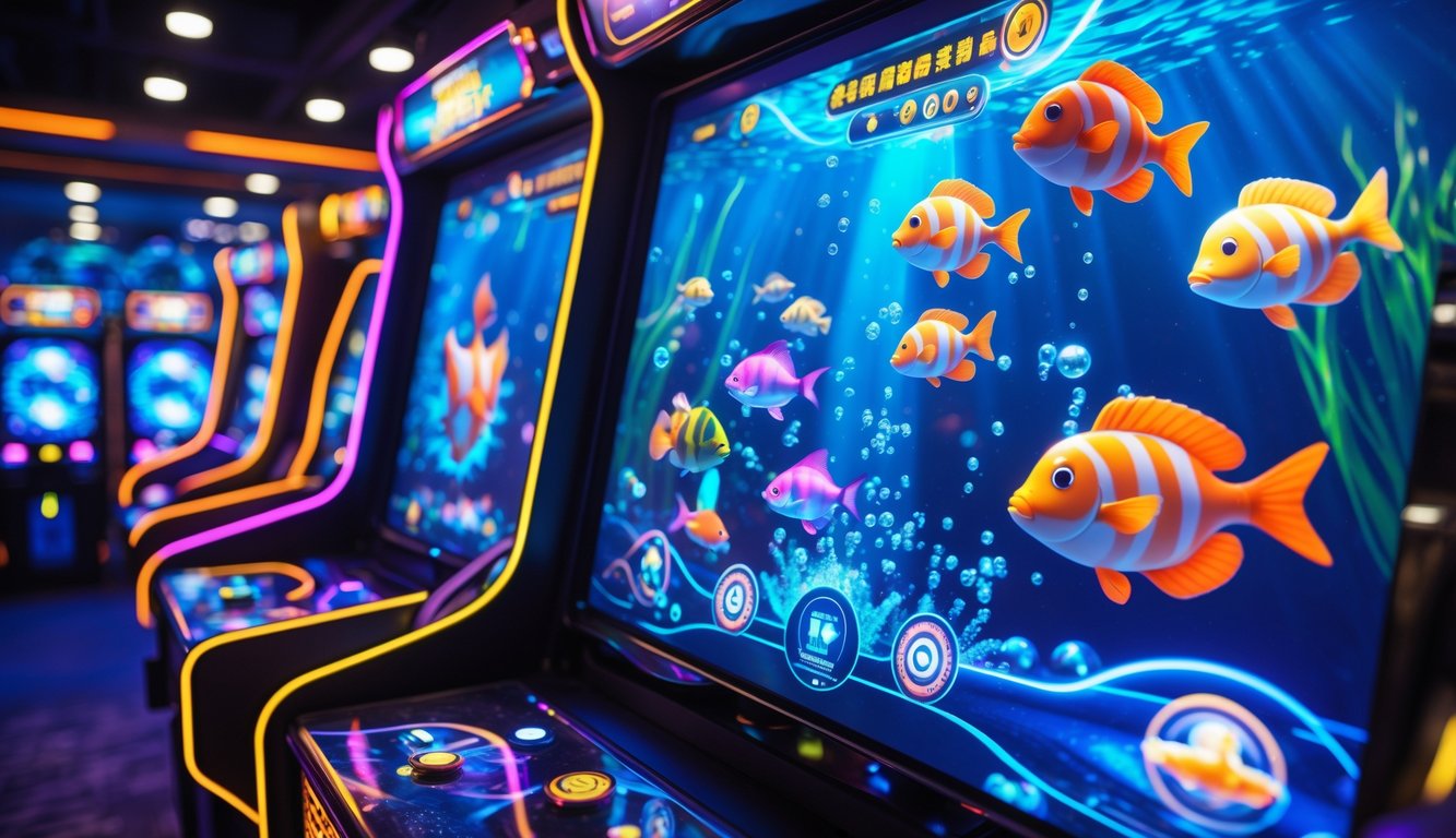 Mesin permainan tembak ikan dengan layar penuh warna menampilkan ikan-ikan animasi yang berenang di latar bawah laut.