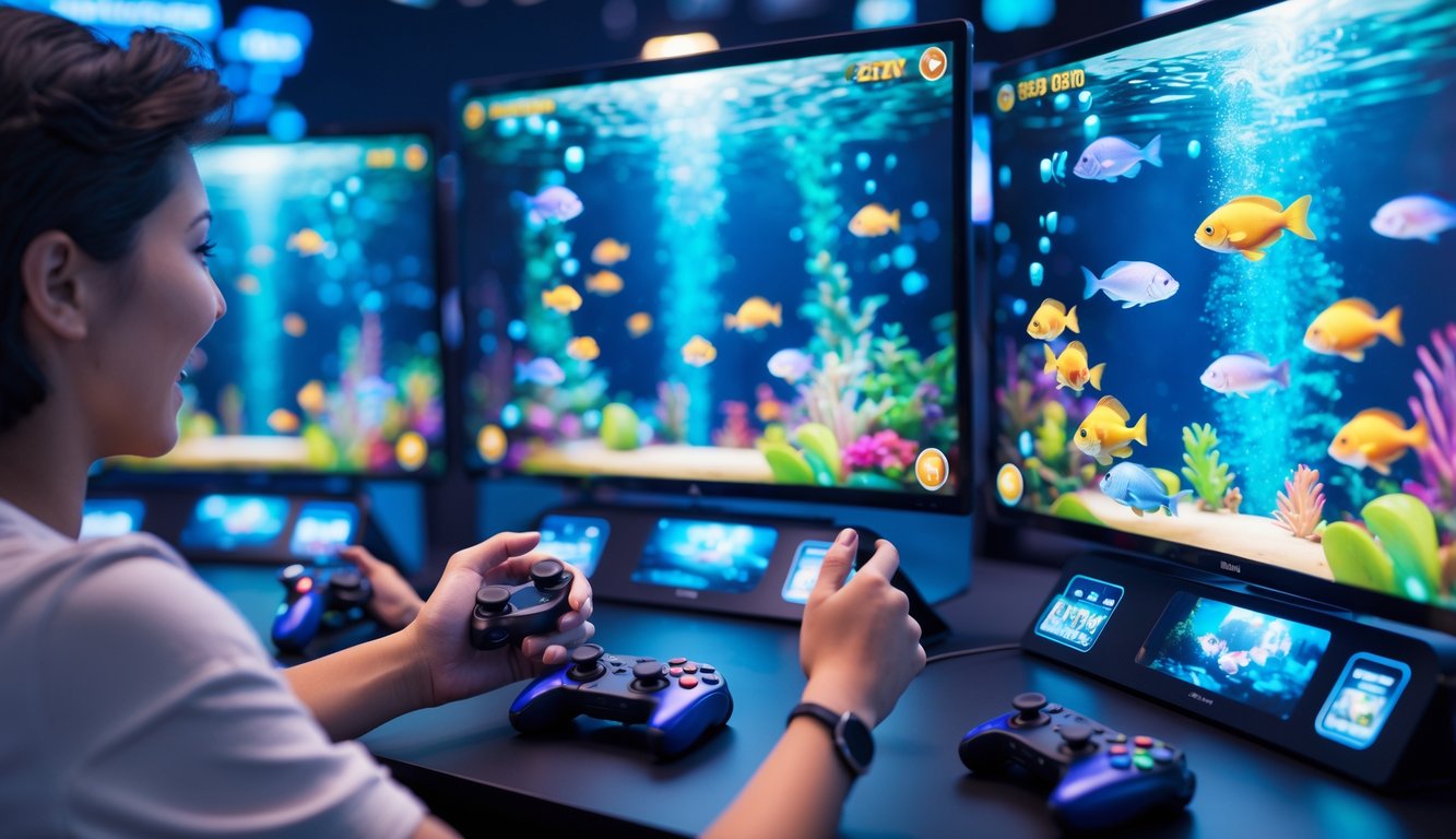 Seorang pemain sedang bermain permainan tembak ikan di depan layar komputer dengan gambar ikan warna-warni di layar.