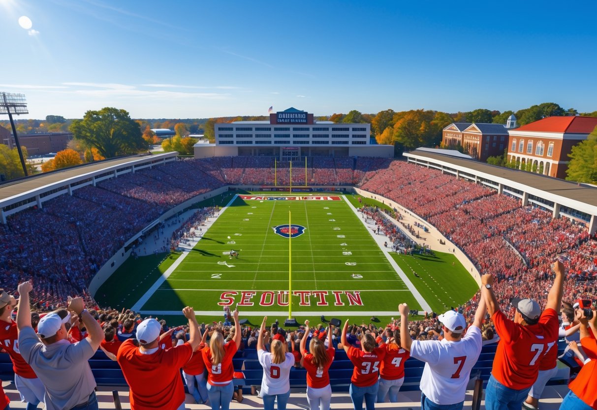A crowded college football stadium in Oxford, Mississippi with fans cheering and players on the field during a game.