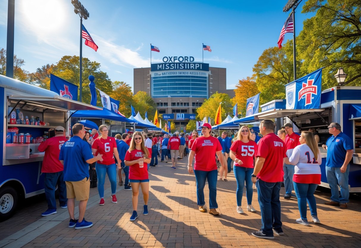 Crowd of people outside a college football stadium in Oxford, Mississippi on game day, enjoying the festive atmosphere.