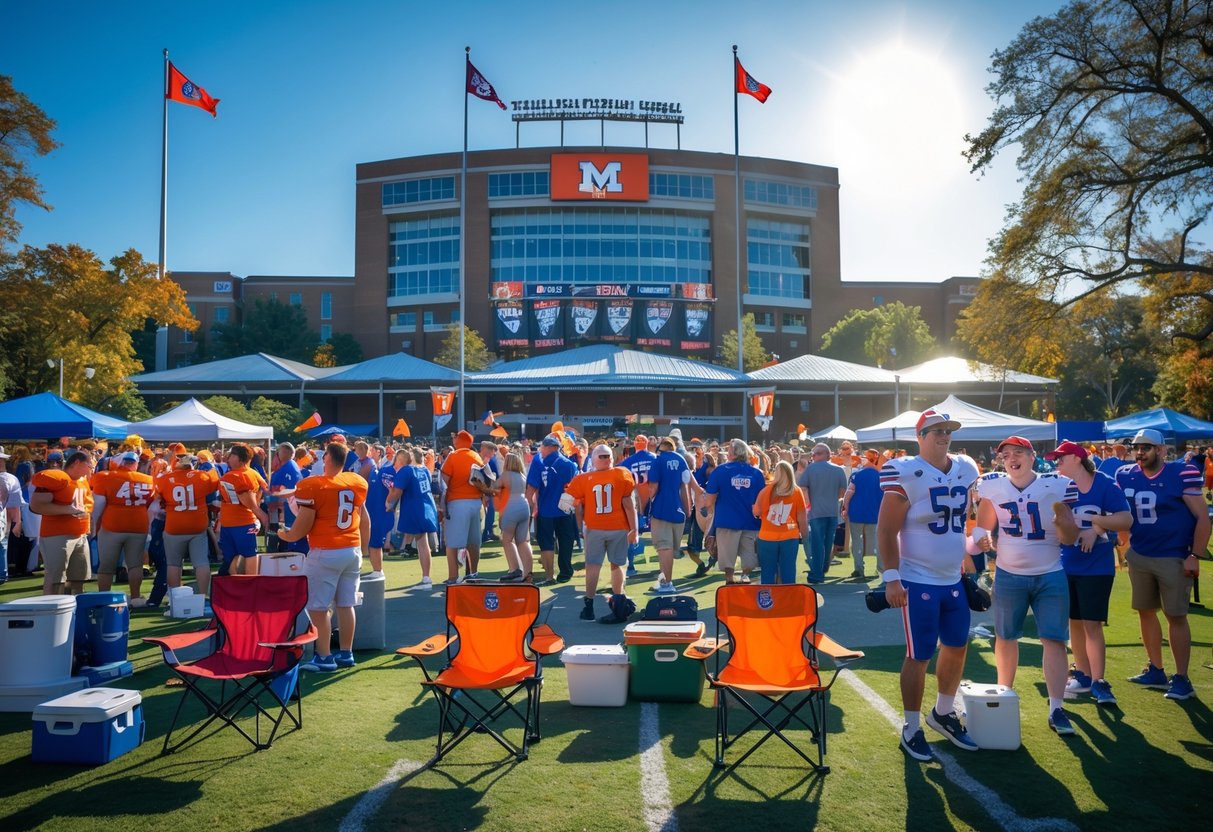 Fans gathered outside a college football stadium in Oxford, Mississippi, enjoying tailgate parties before a game.
