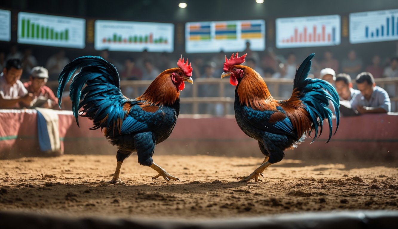 Dua ayam aduan sedang bertarung di arena dengan penonton yang memperhatikan dan mencatat statistik performa ayam.