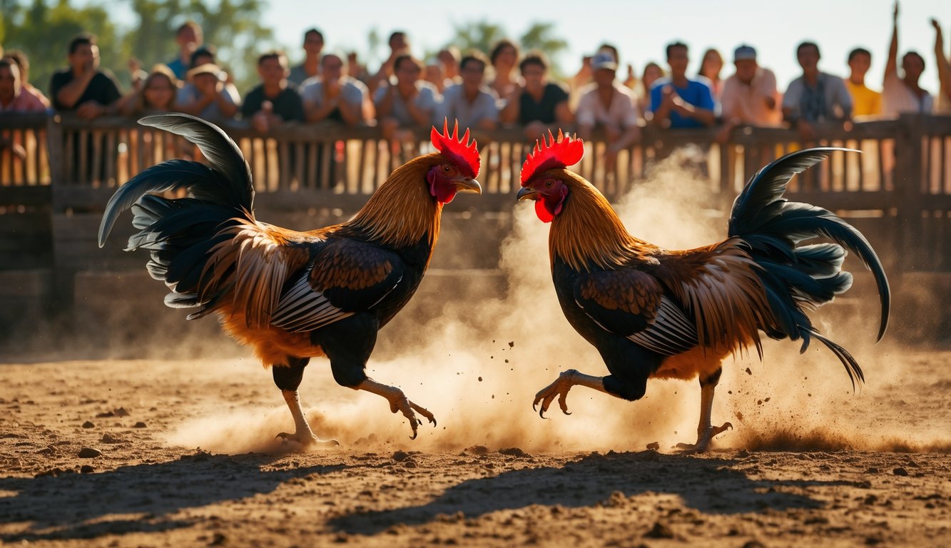Dua ayam aduan sedang bertarung di arena dengan penonton yang antusias menyaksikan di latar belakang.