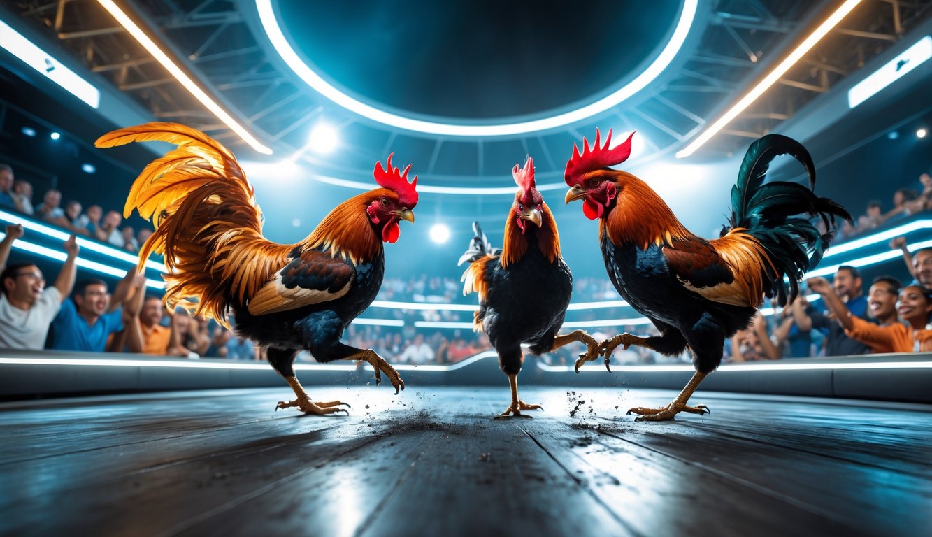 Dua ayam jago bertarung sengit di arena modern dengan penonton yang antusias menonton.