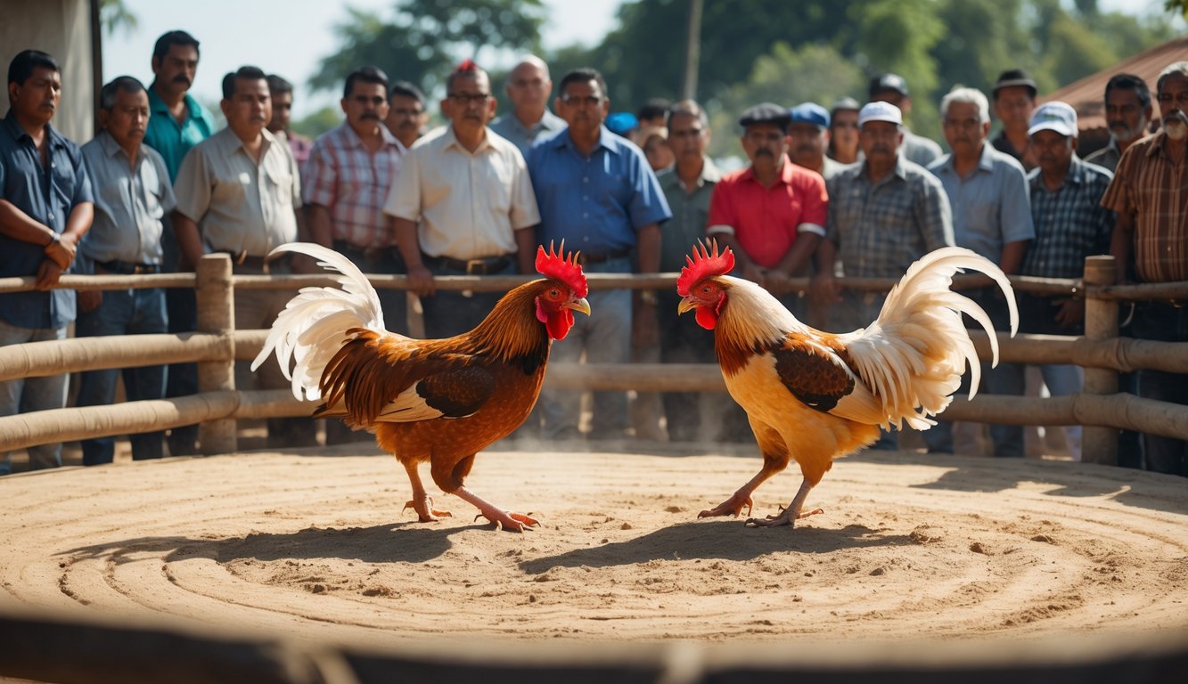 Dua ayam jago bertarung di arena melingkar dengan penonton yang memperhatikan dengan serius di sekitarnya.