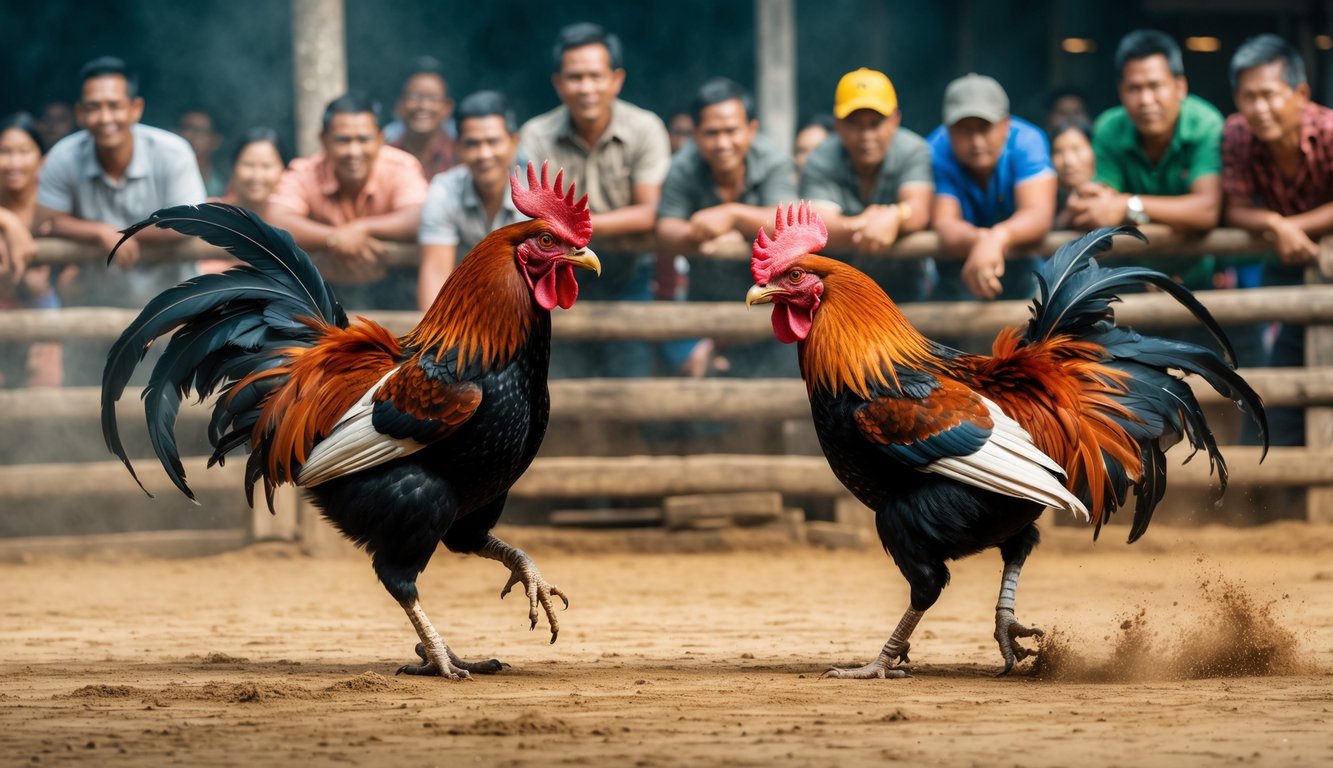 Dua ayam jago sedang bertarung di arena dengan penonton yang antusias mengelilingi mereka.