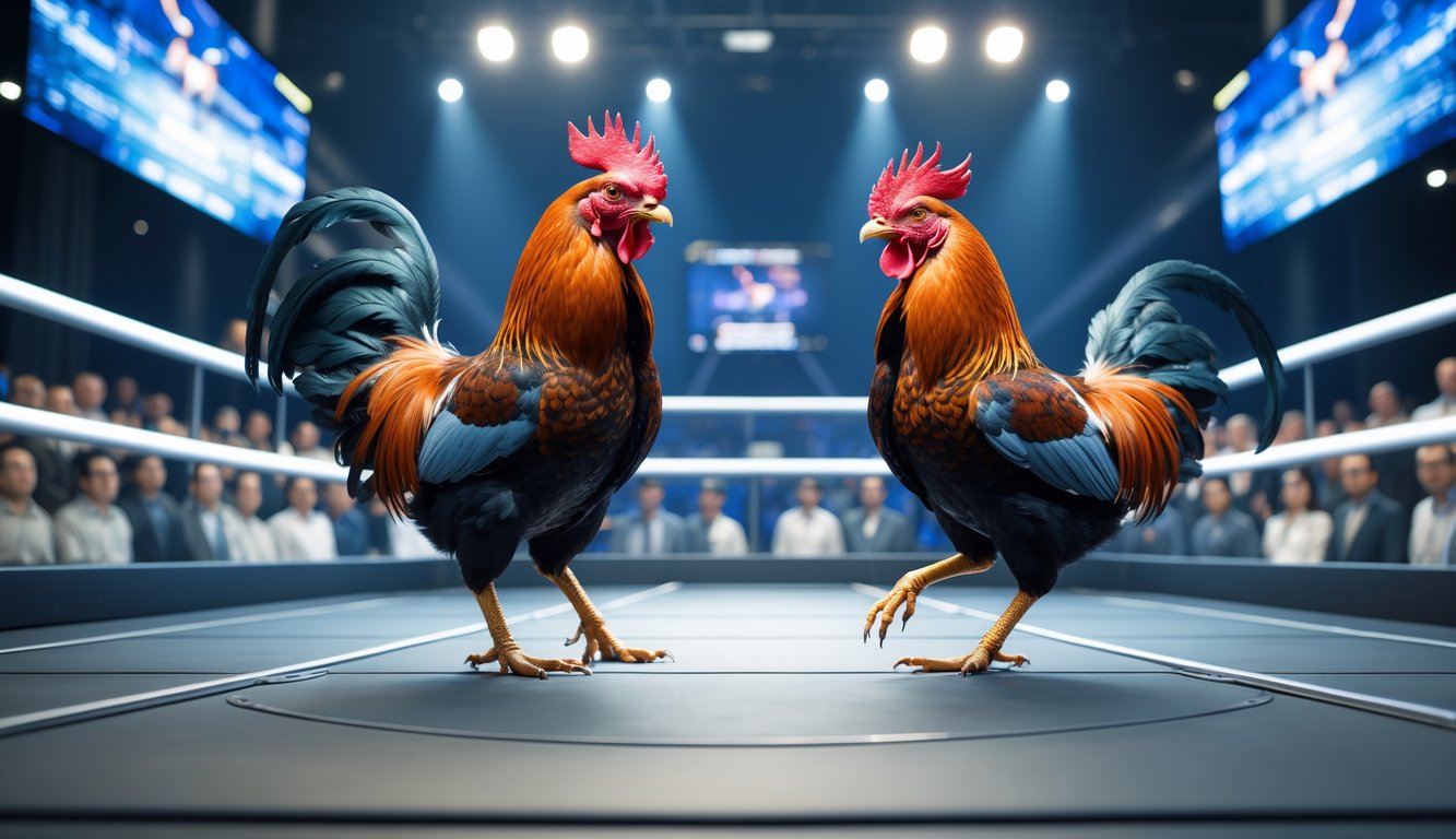 Dua ayam jago sedang bertarung di arena modern dengan layar digital dan peralatan streaming di sekitarnya, serta penonton yang menyaksikan pertandingan.