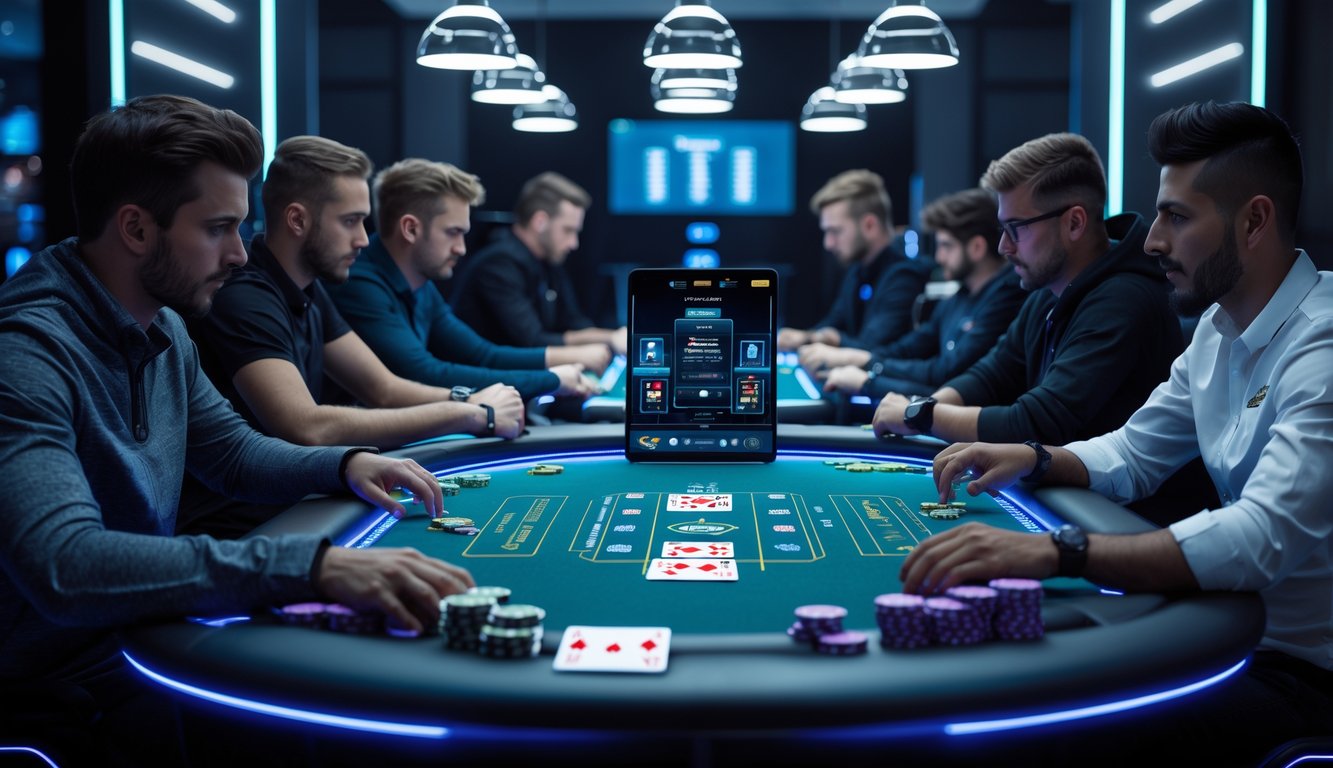 Meja poker modern dengan pemain yang serius bermain poker online di ruangan bergaya futuristik.
