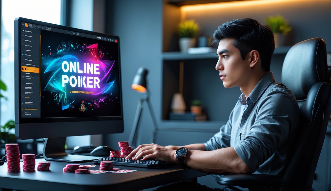 Seorang pemain muda duduk di depan komputer dengan permainan poker online di layar, di meja terdapat chip poker dan kartu, suasana ruang kerja modern.