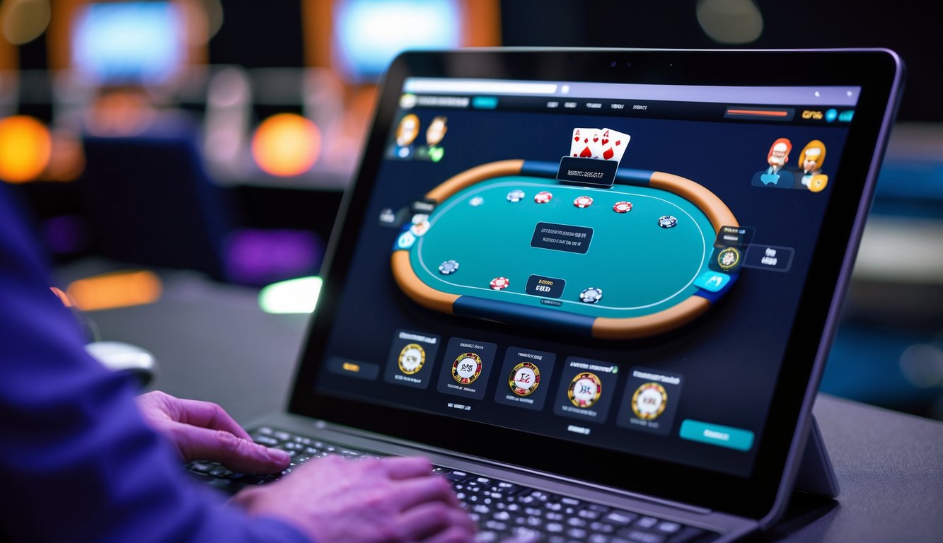 Tampilan meja poker digital profesional dengan kartu, chip taruhan, dan avatar pemain di layar komputer.