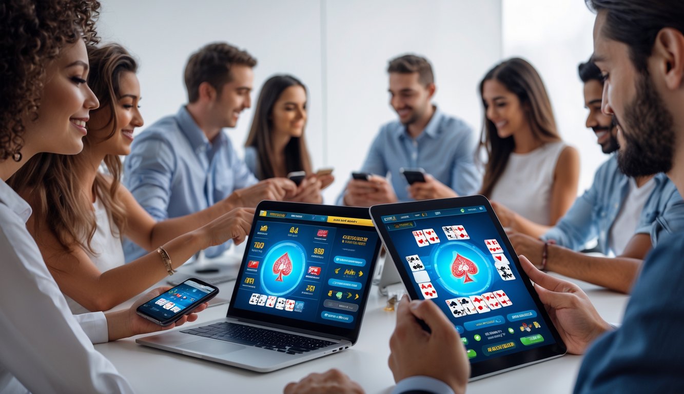 Sekelompok orang bermain poker online menggunakan berbagai perangkat seperti ponsel, tablet, dan laptop di lingkungan yang terang dan modern.