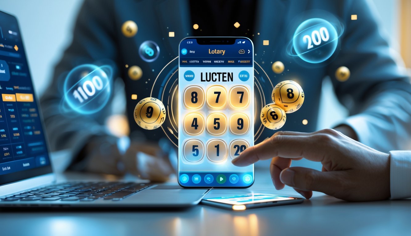 Tampilan antarmuka digital dengan tiket lotere virtual yang menampilkan kombinasi angka unggulan dan bola lotere berputar di latar belakang.