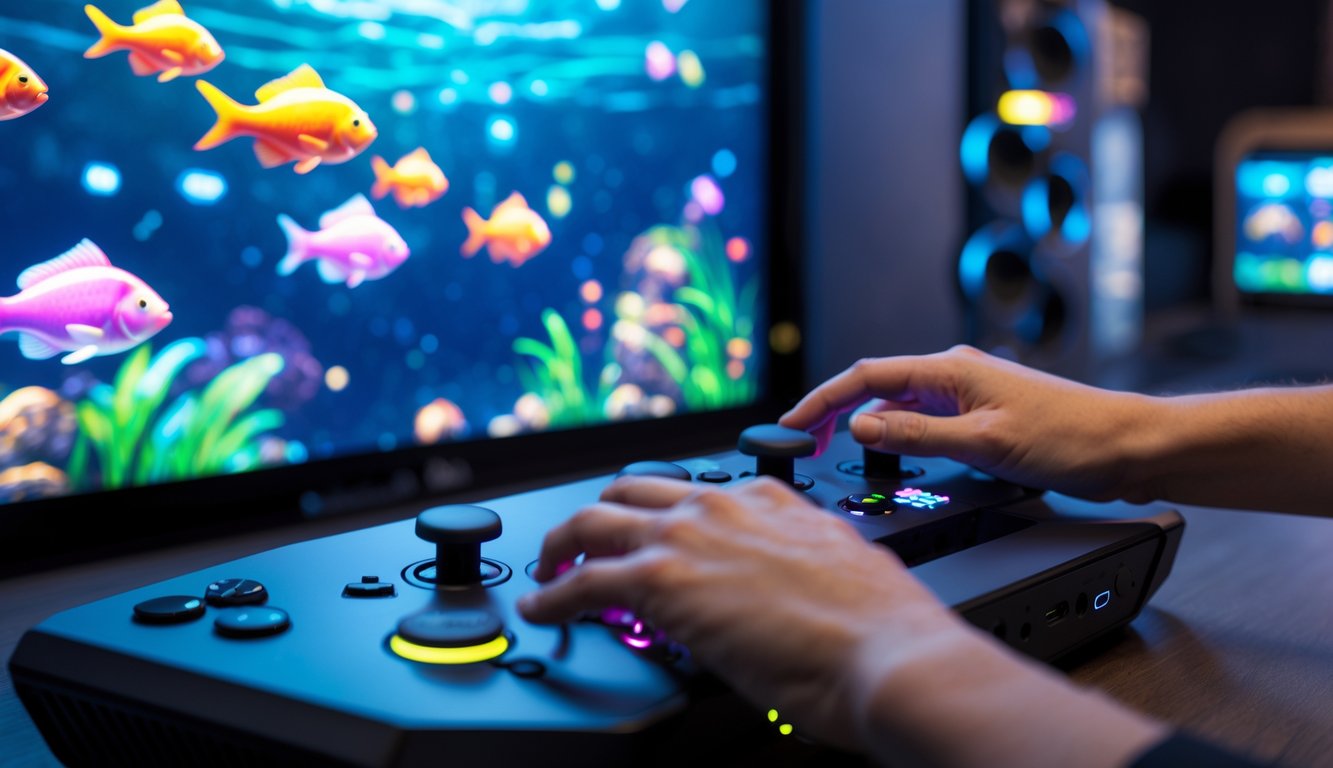 Tangan pemain yang sedang mengendalikan permainan menembak ikan di layar dengan grafik ikan berwarna-warni.