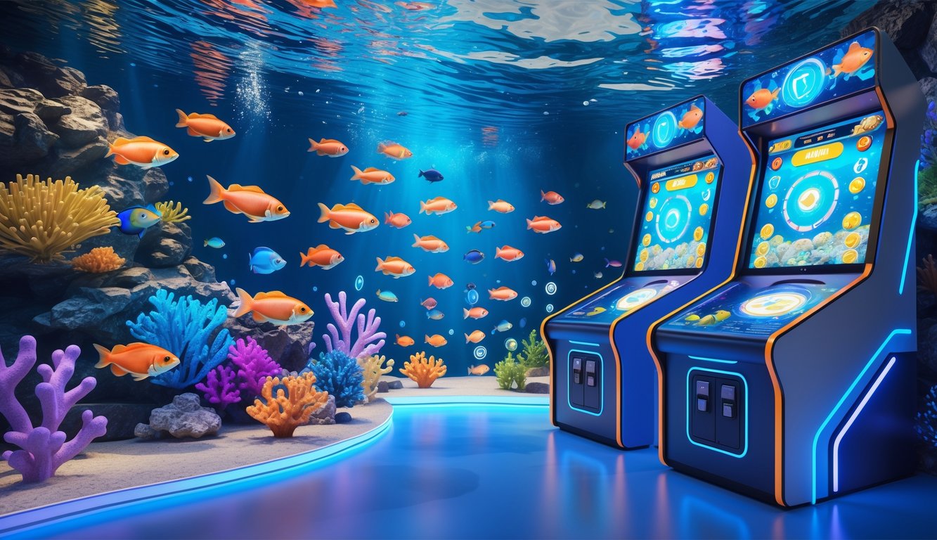 Suasana permainan arcade bertema laut dengan ikan berwarna-warni dan mesin permainan interaktif di latar belakang.