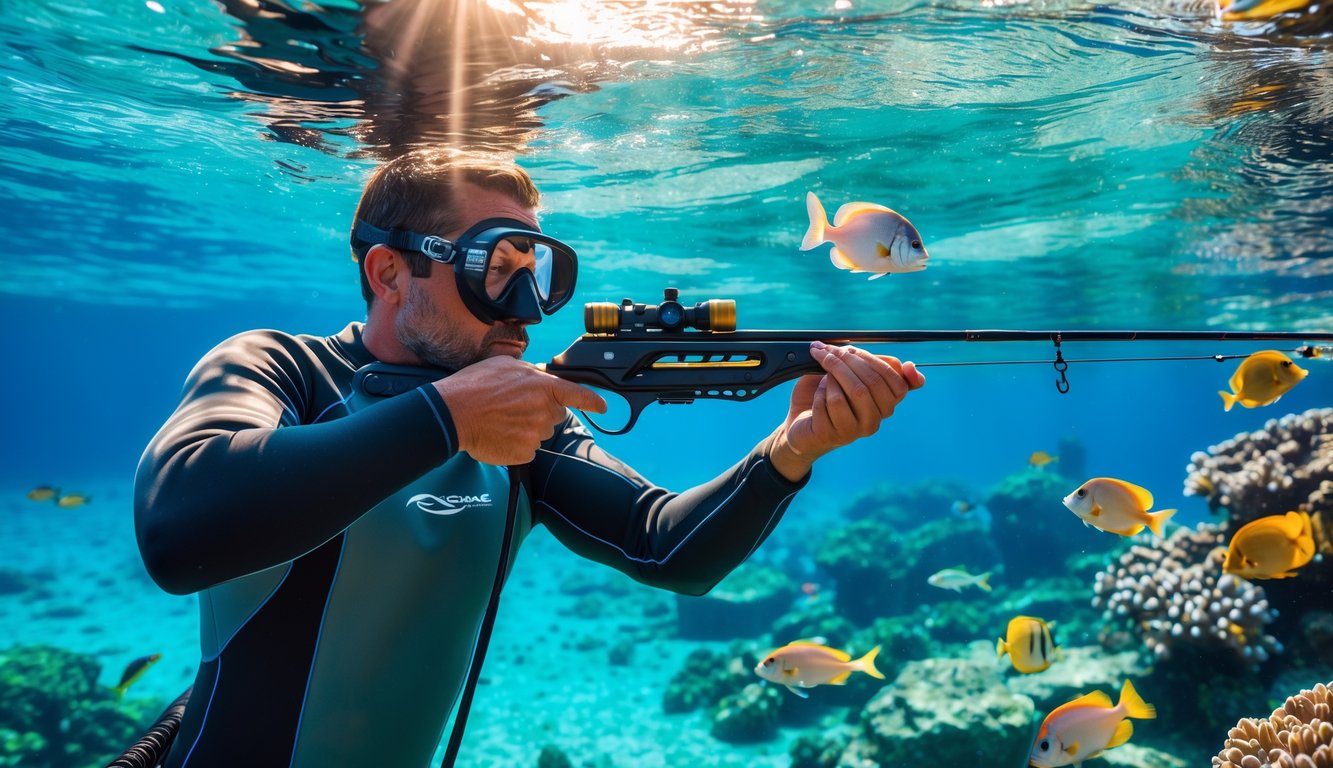 Seorang penyelam menggunakan tombak ikan di bawah air dengan latar terumbu karang dan ikan warna-warni.