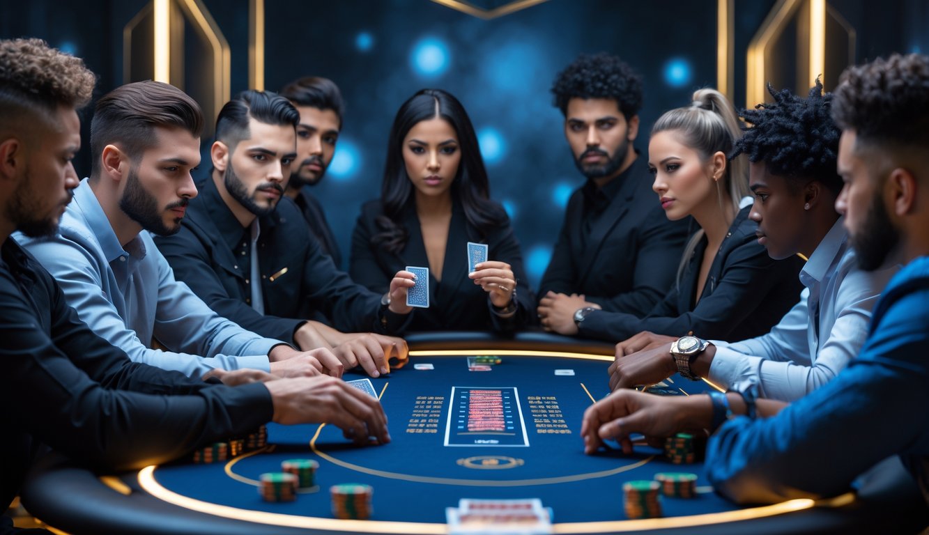 Meja poker modern dengan pemain yang fokus bermain dalam suasana kompetitif dan mewah.