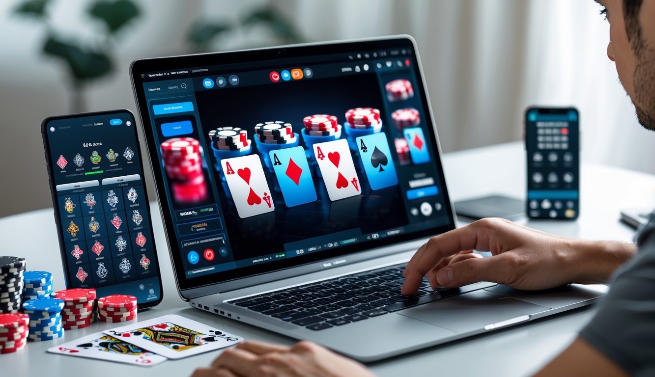 Seorang pemain muda fokus bermain poker online di depan laptop dengan kartu dan chip poker di meja.