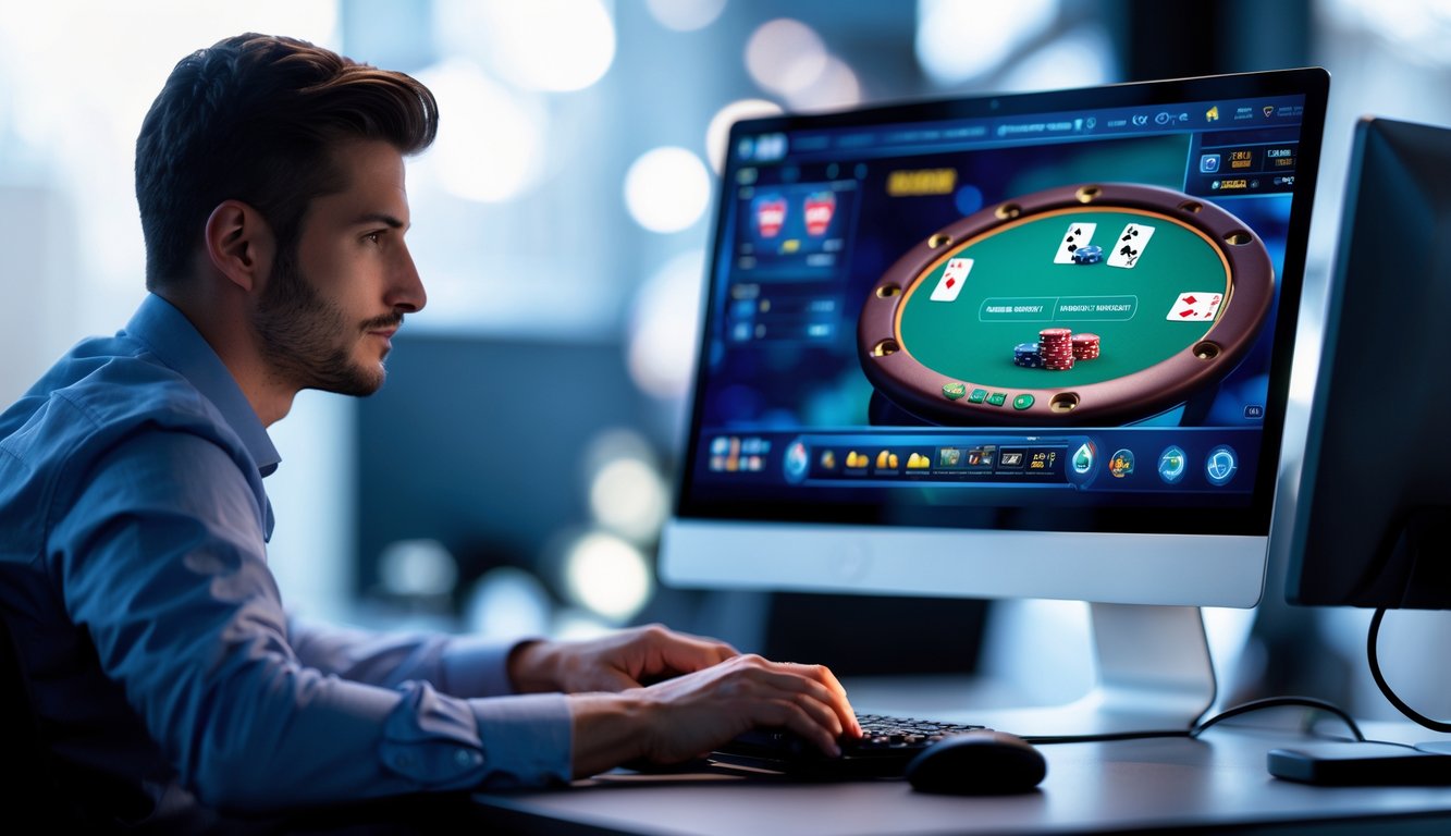 Seorang pemain poker online fokus bermain di depan komputer dengan layar menampilkan permainan kartu dan chip.