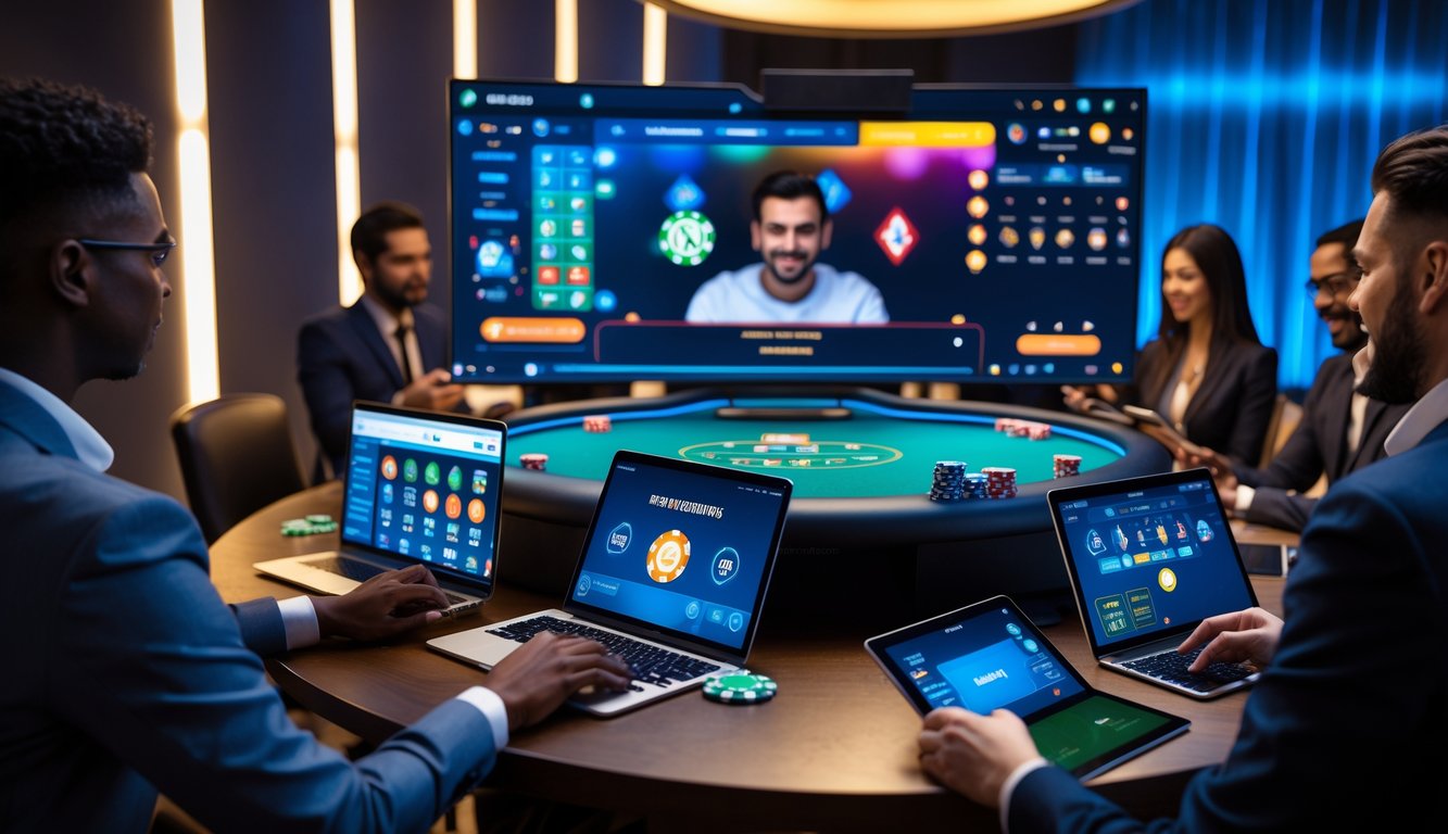 Orang-orang bermain poker online di depan komputer dan perangkat digital di ruangan yang nyaman dan modern.