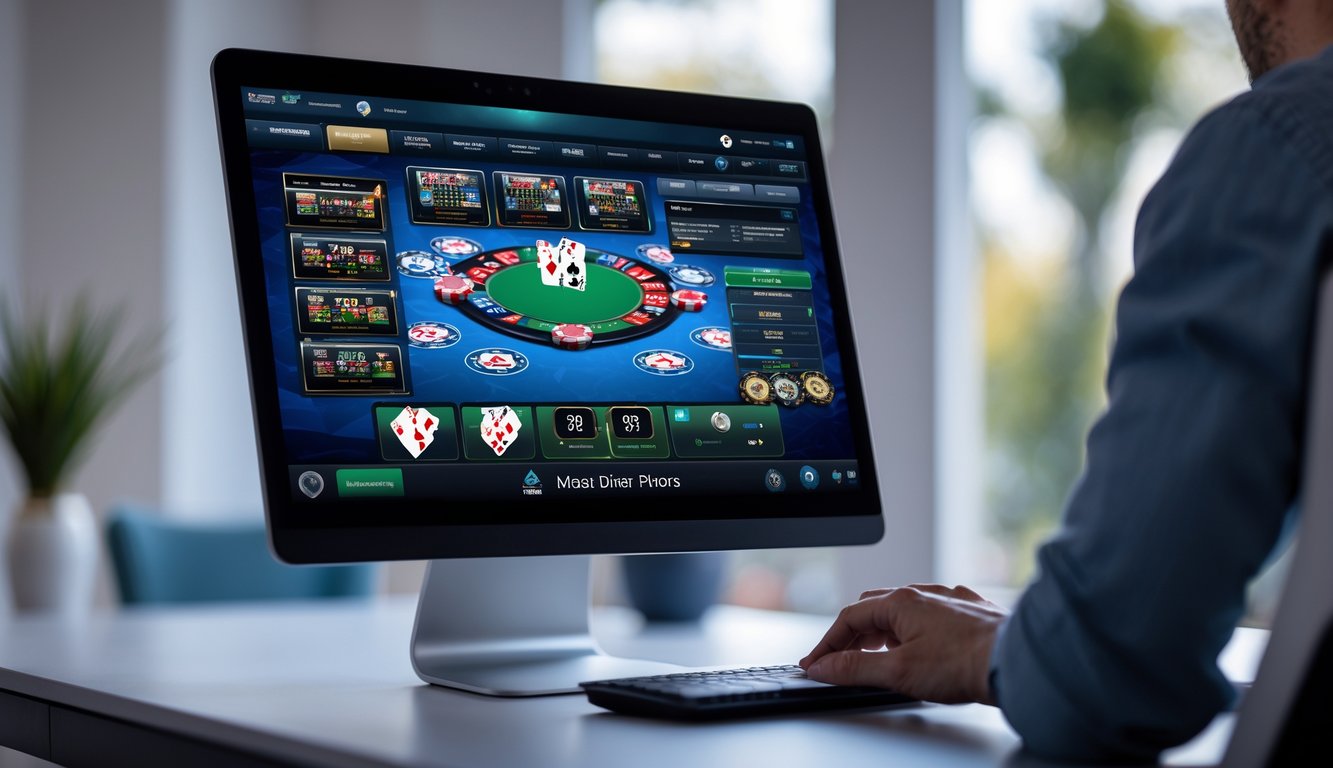 Seorang pemain fokus menggunakan komputer untuk bermain poker online dengan beberapa meja poker terlihat di layar.