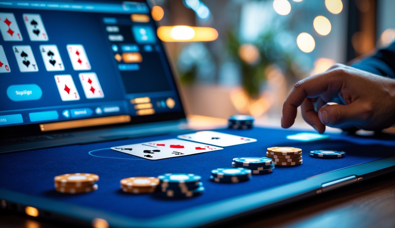 Seorang pemain sedang menggunakan laptop untuk bermain poker online dengan tampilan meja poker digital yang jelas dan kartu serta chip yang rapi.