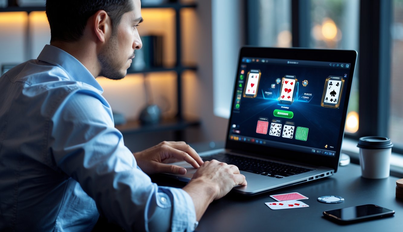Seorang pria fokus bermain poker online menggunakan laptop di ruangan modern dengan meja yang rapi dan perlengkapan poker di sekitarnya.