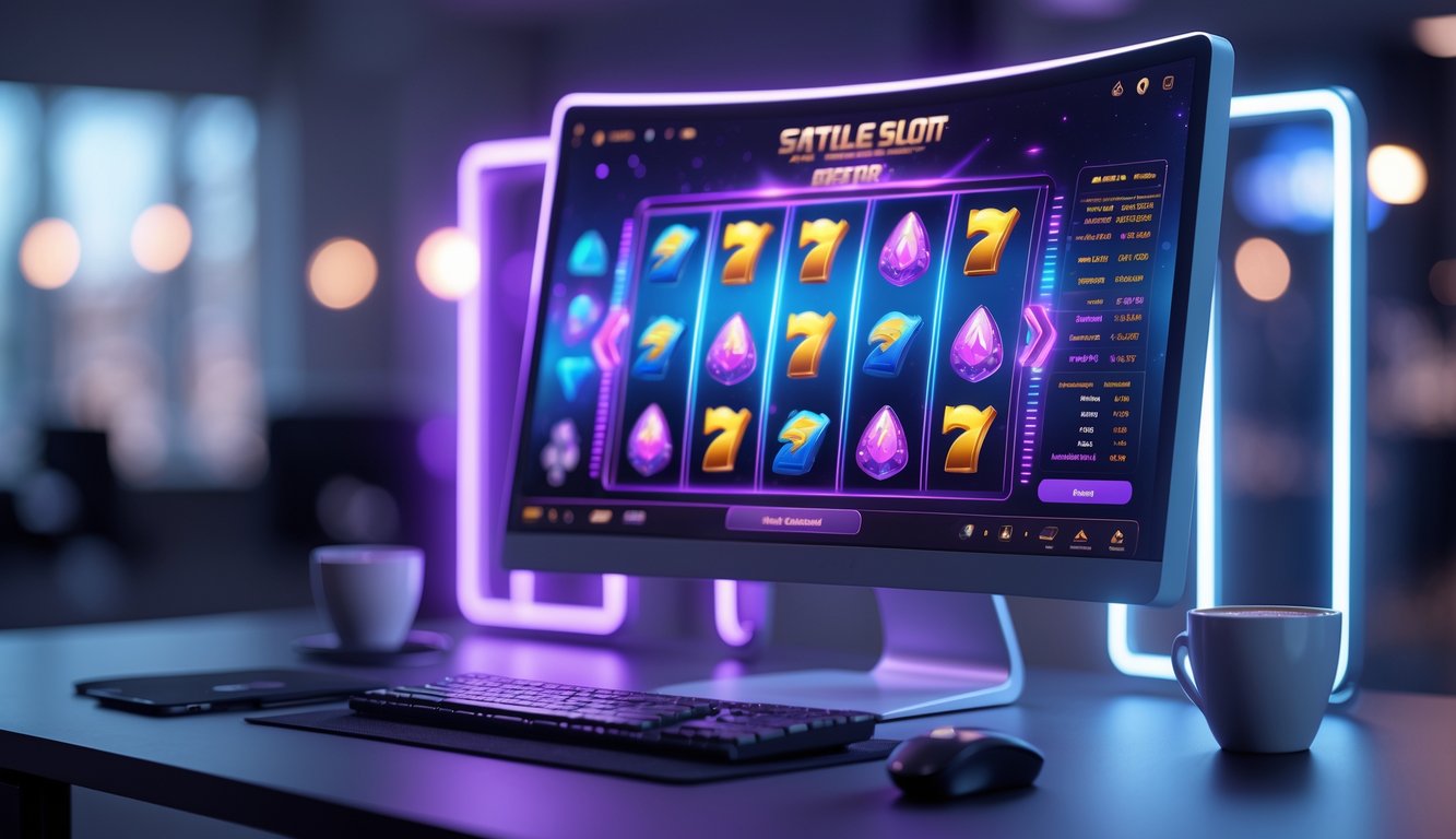 Sebuah setup komputer modern dengan layar besar menampilkan permainan slot online berwarna-warni dan suasana ruang kerja yang rapi dan nyaman.