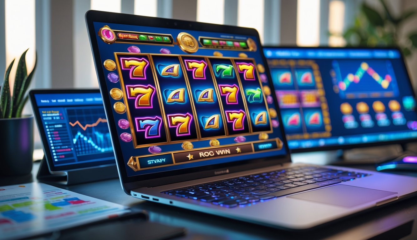 Seseorang menggunakan komputer dengan permainan slot online yang menampilkan simbol kemenangan dan grafik pola di sekitar meja.