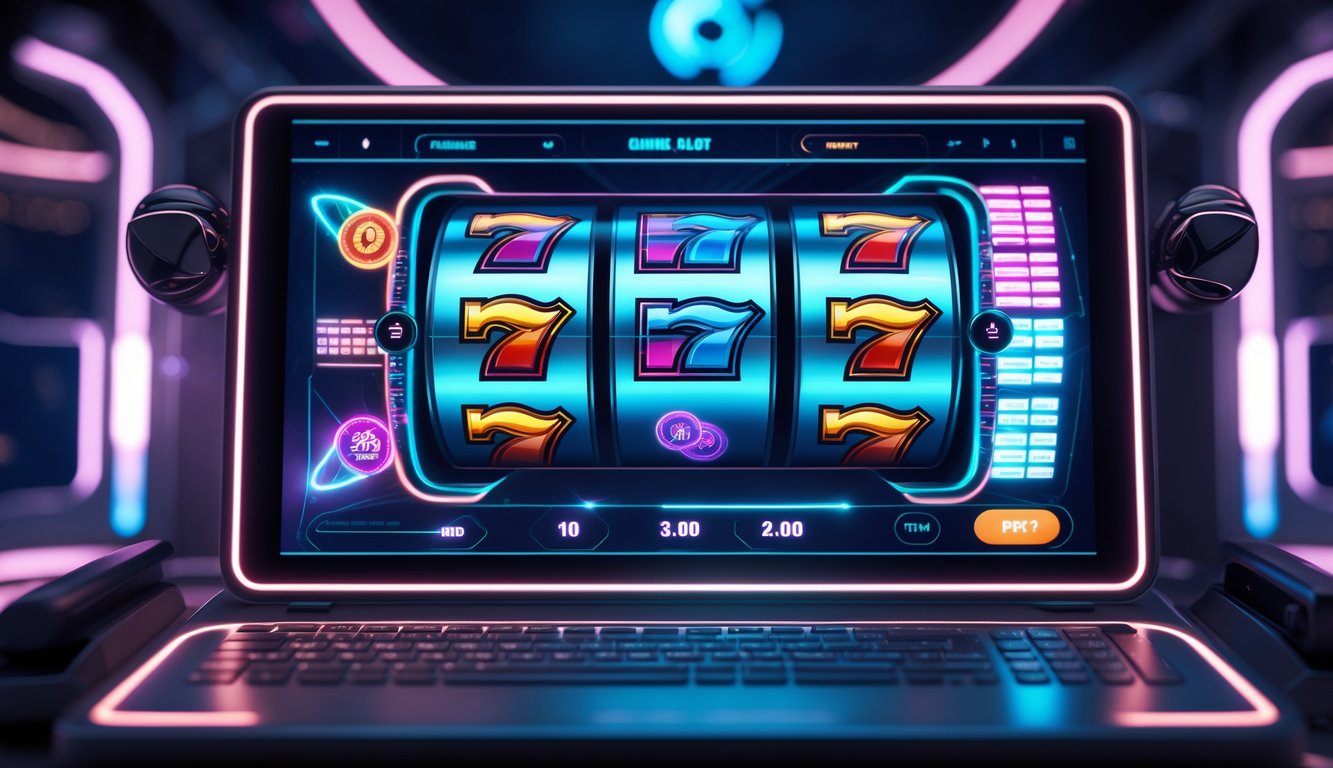 Tampilan mesin slot digital modern dengan grafis berwarna-warni dan efek cahaya neon di latar gelap.