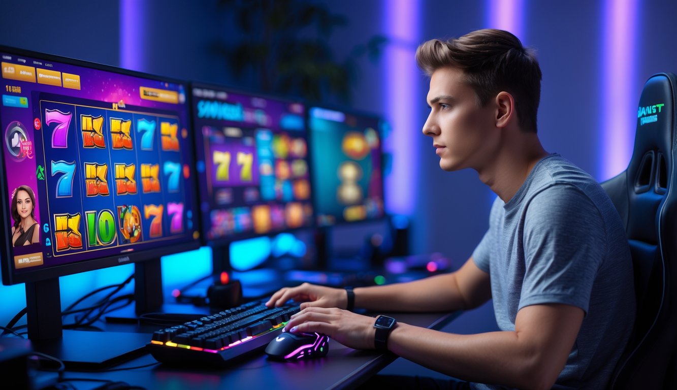 Seorang pria muda fokus bermain permainan slot online di depan beberapa monitor dalam ruangan dengan pencahayaan biru dan ungu.