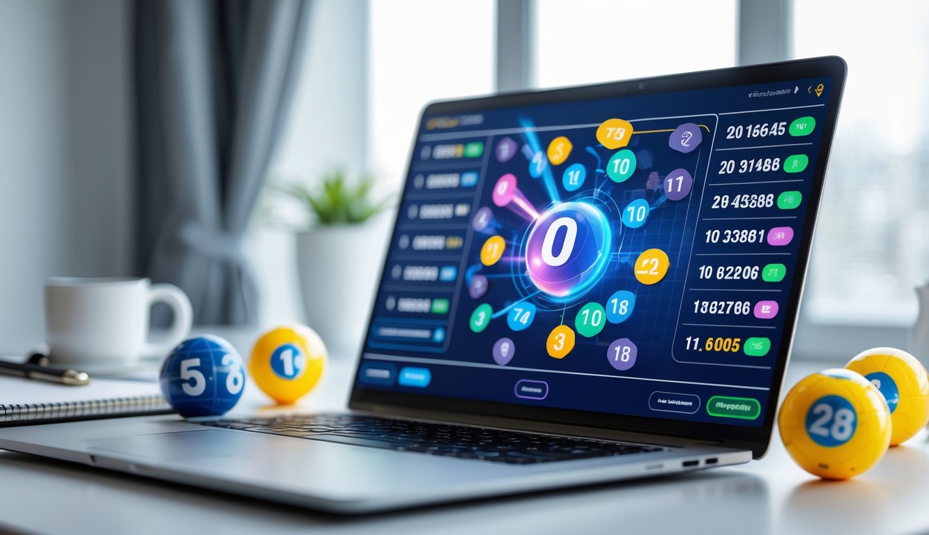 Sebuah laptop dan bola lotere dengan angka di atas meja kerja yang rapi, menampilkan suasana fokus dan antisipasi dalam bermain togel online.