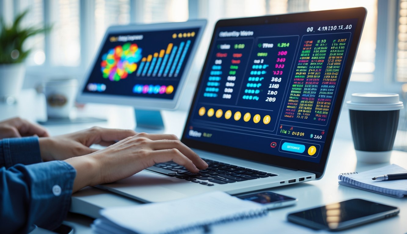 Seseorang menggunakan komputer dengan layar menampilkan data dan grafik angka yang cepat dan akurat di meja kerja yang rapi.