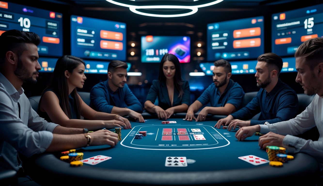 Meja poker modern dengan pemain fokus bermain dalam suasana kompetitif dan teknologi tinggi.