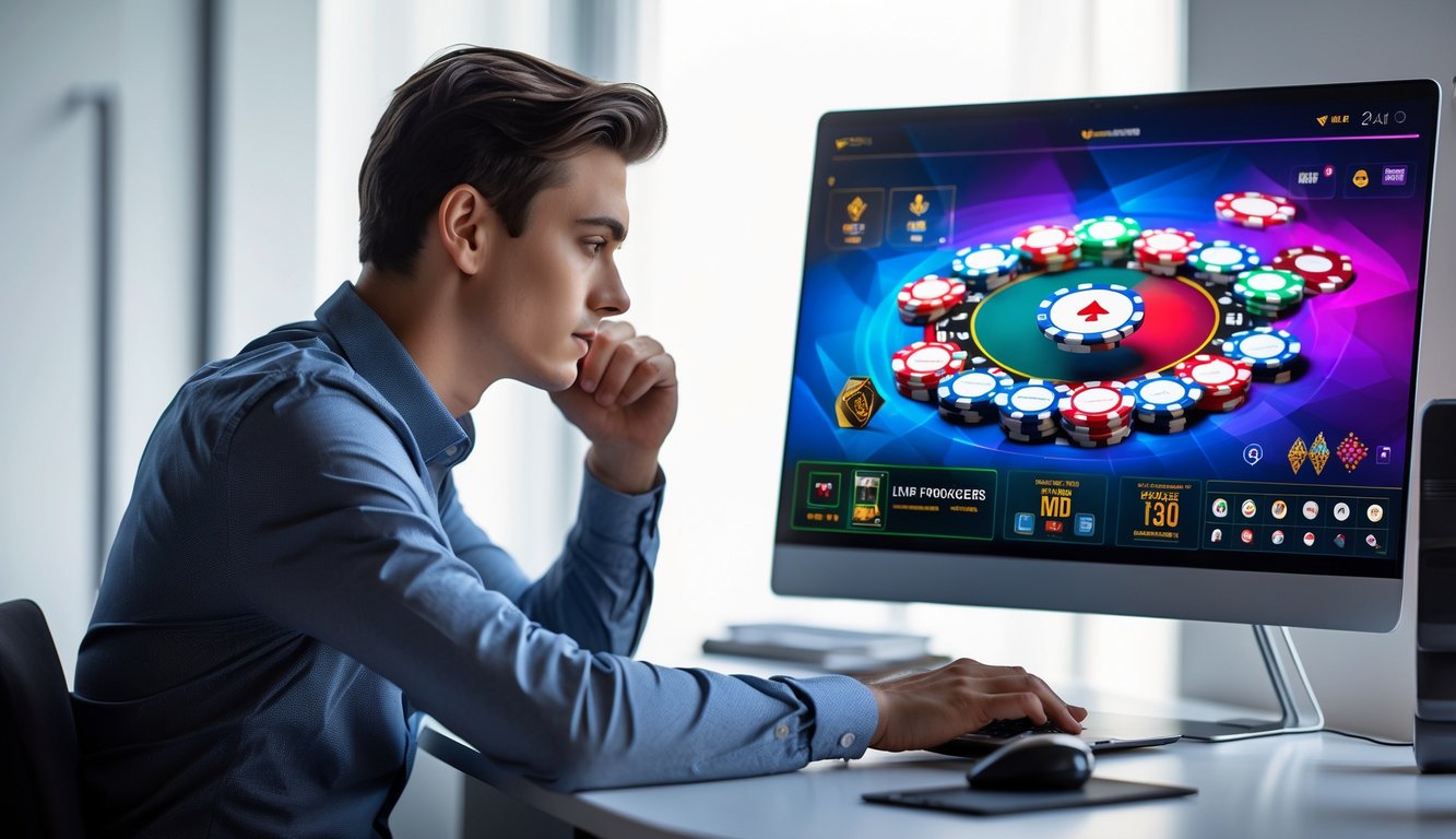 Seorang pemain muda sedang bermain poker online di depan komputer dengan tumpukan chip poker dan kartu terlihat di layar.