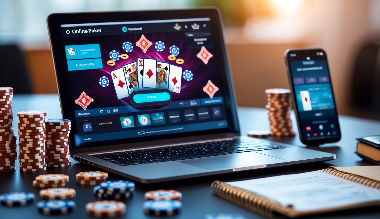 Seorang pemain poker online yang sedang fokus menggunakan laptop dengan tumpukan chip poker di meja dan suasana kerja yang nyaman.