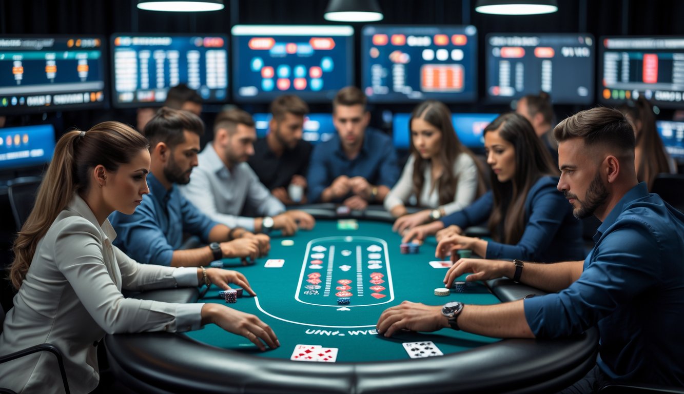 Beberapa pemain poker sedang bermain di meja poker profesional dengan layar komputer menampilkan permainan poker online.