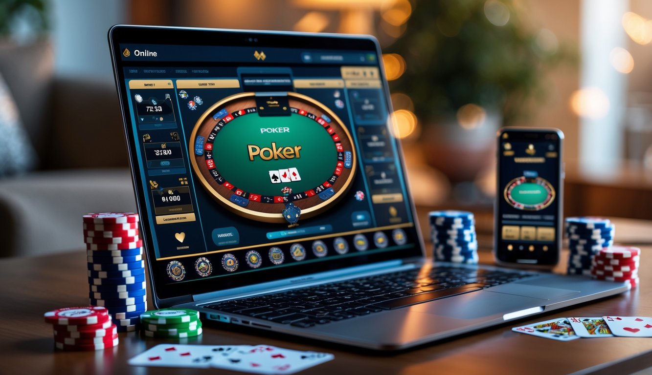 Seorang pemain poker online menggunakan laptop dengan tumpukan chip dan kartu di meja.