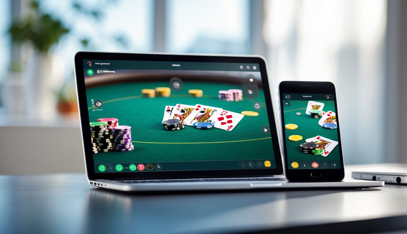 Beberapa perangkat elektronik menampilkan permainan poker online dengan desain responsif dan tampilan permainan yang halus.