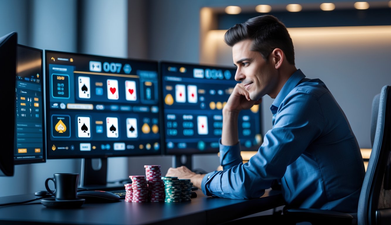 Seorang pemain poker online fokus bermain di depan beberapa layar komputer dengan tumpukan chip poker di meja.