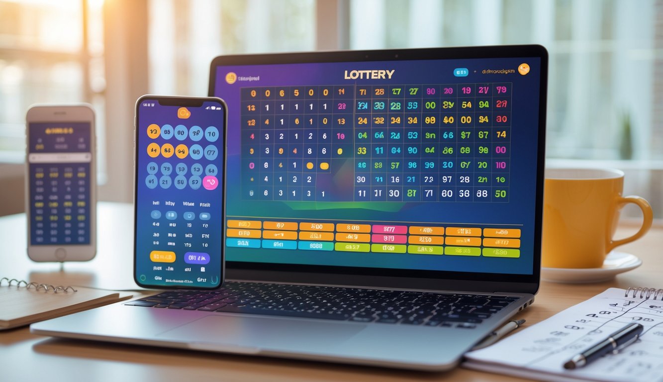 Sebuah meja kerja dengan laptop yang menampilkan angka-angka lotere berwarna-warni dan perangkat digital lainnya di sekitarnya.